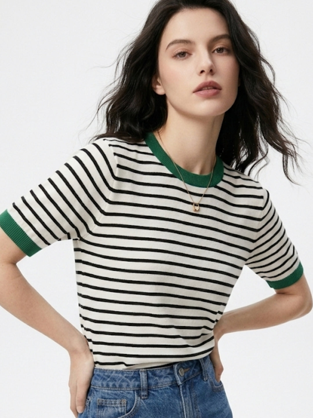 Dark Green Contrast Hem Striped Top