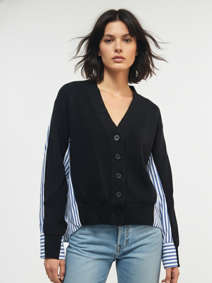 Black Front Buttoned Side Striped Panel Shirt