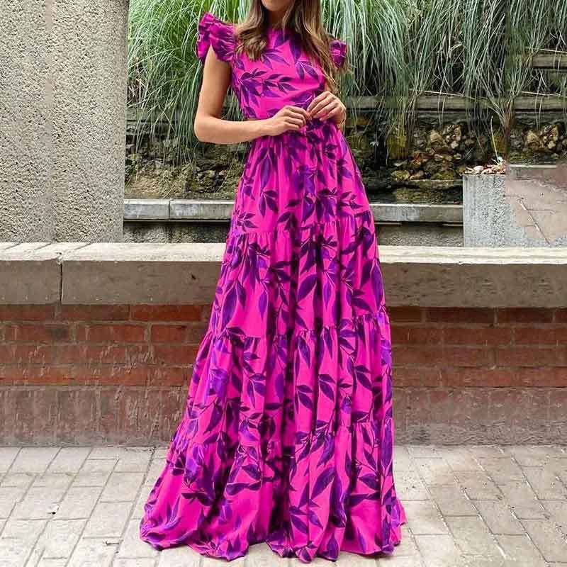 Purple Printed Flutter Sleeved Ruffle Dress