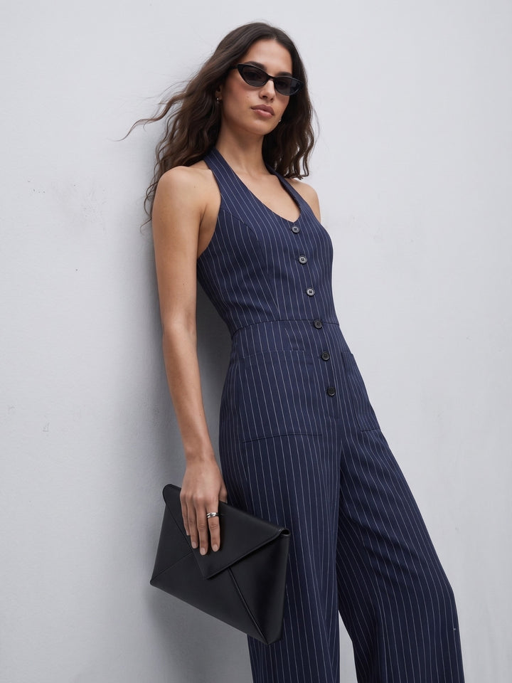 Navy blue Halter Neck Striped Jumpsuits