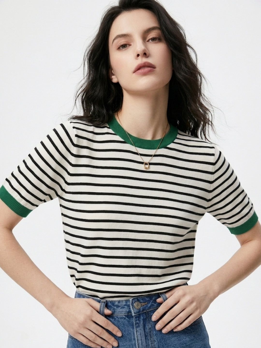 Dark Green Contrast Hem Striped Top