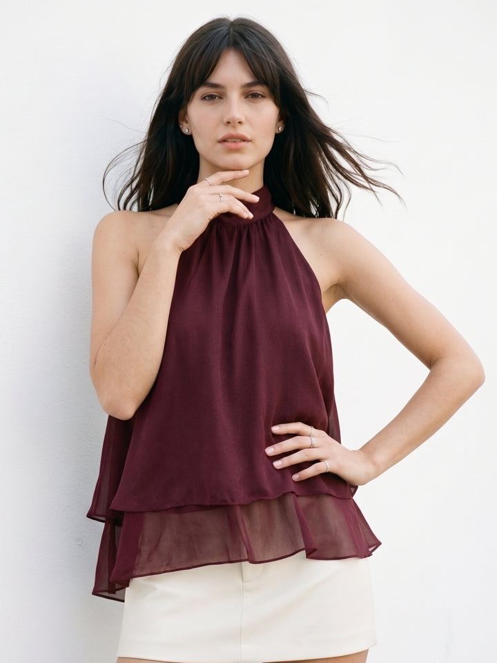 Maroon Mock Neck Back Tie-Up Tiered Top