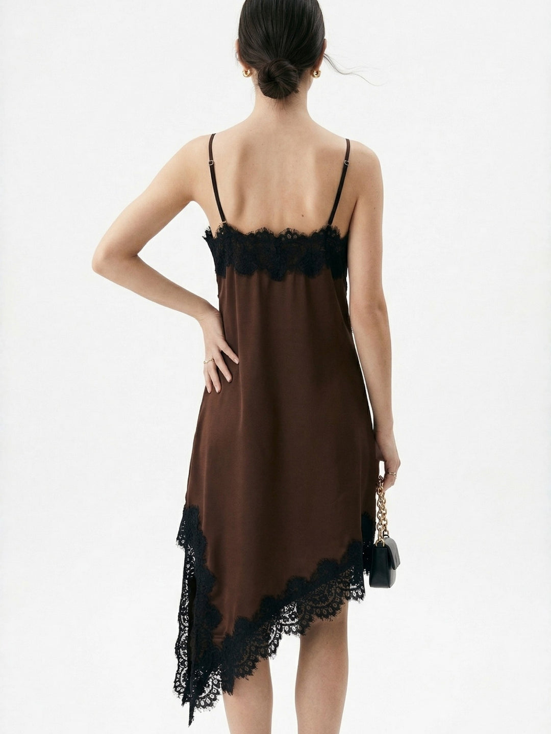 Brown Asymmetric Hem Dress With Lace Inserts
