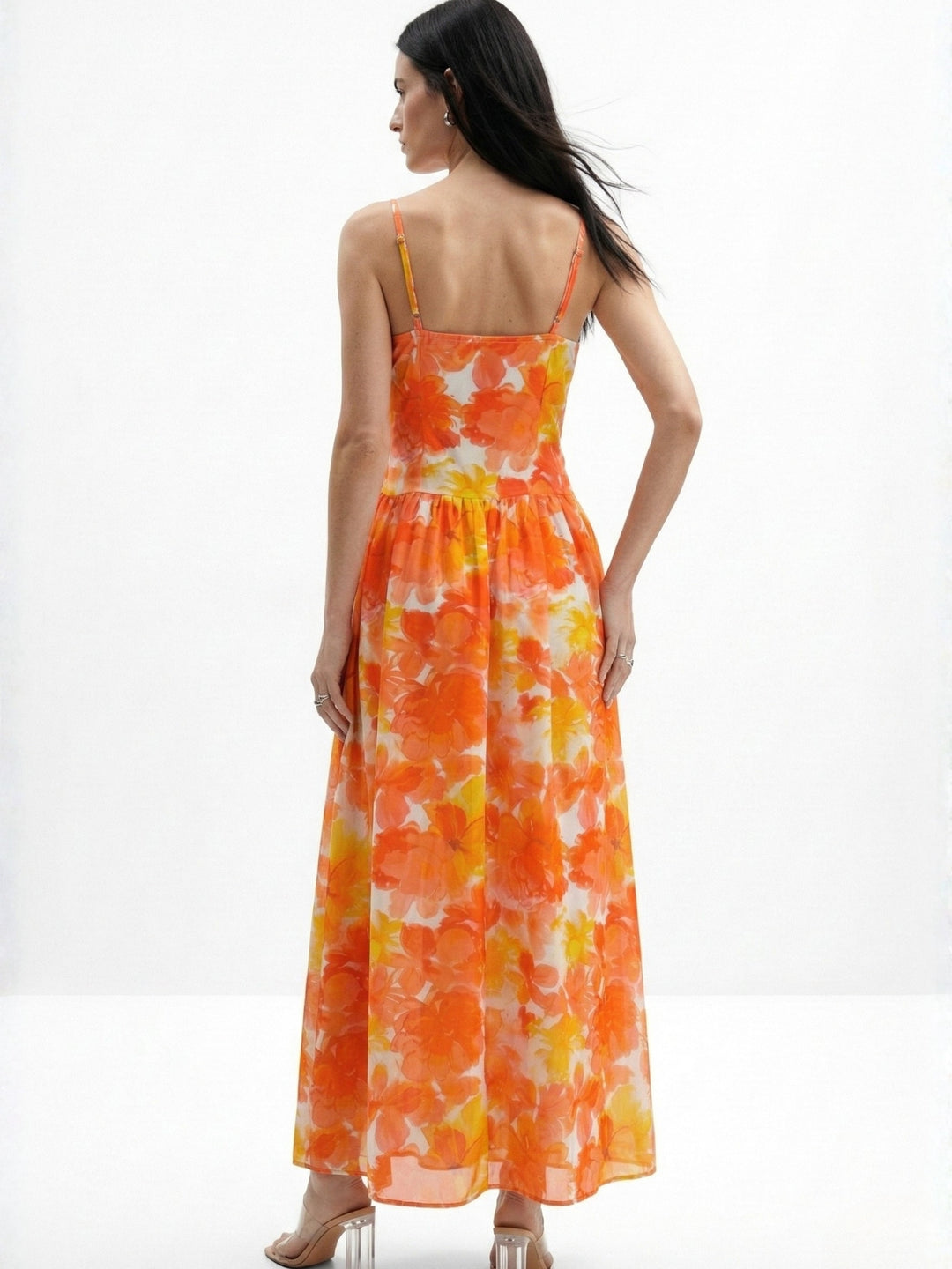 Orange Spaghetti Strap Floral Printed Dress