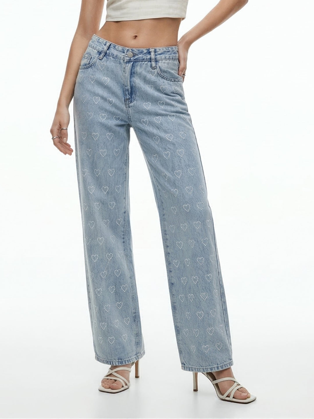 Light Blue Heart Sequined Washed Out Denim Jeans