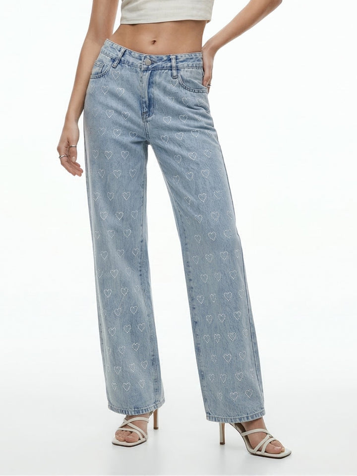 Light Blue Heart Sequined Washed Out Denim Jeans