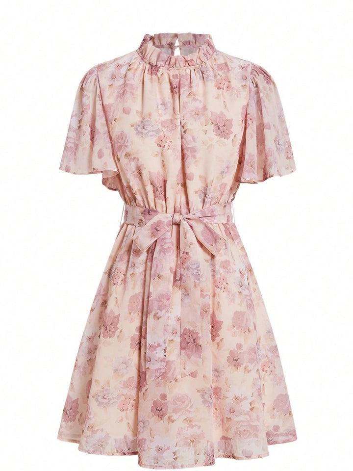 Pink Flare Sleeve Printed Dress