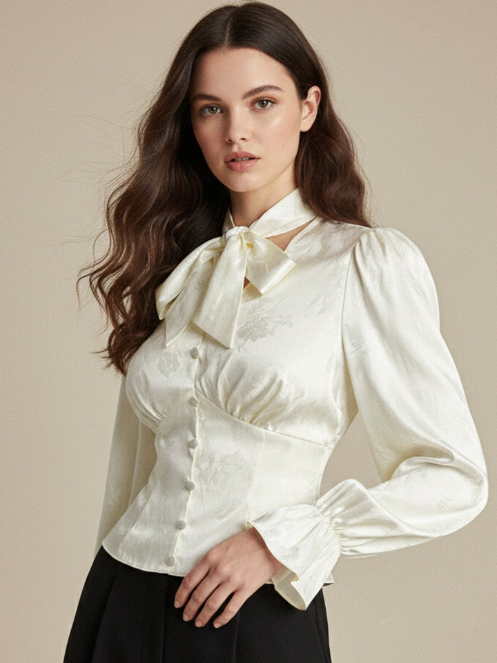 White High Neck Blouson With Cinched Waist