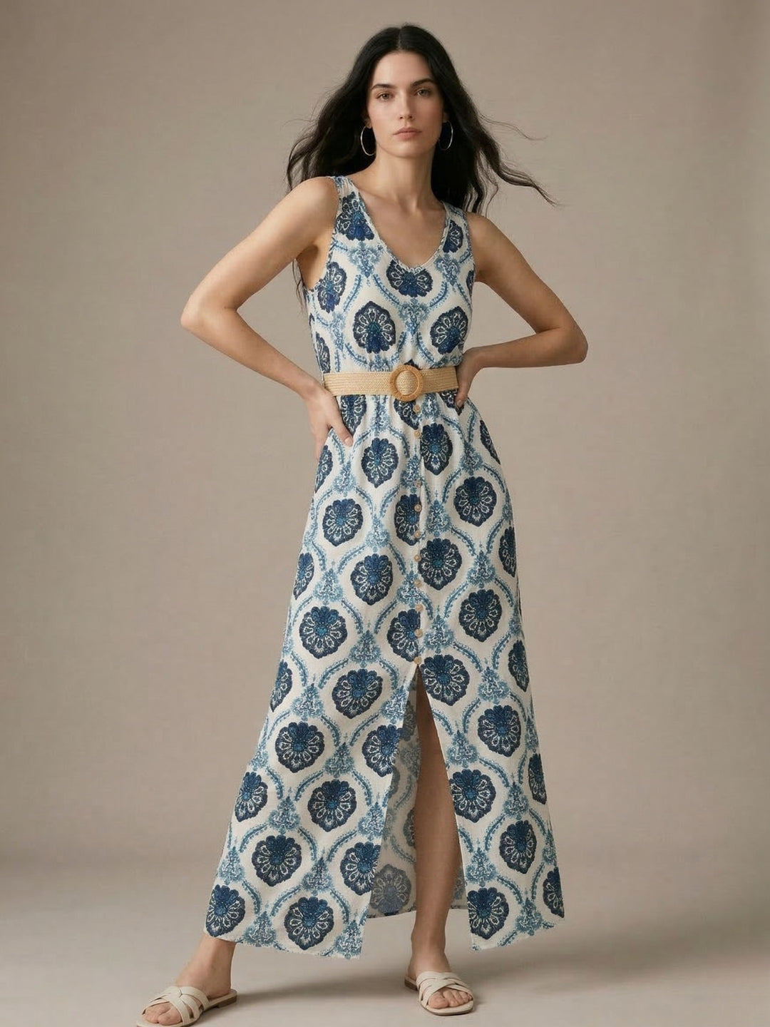 Blue Sleeveless Front Slit Dress