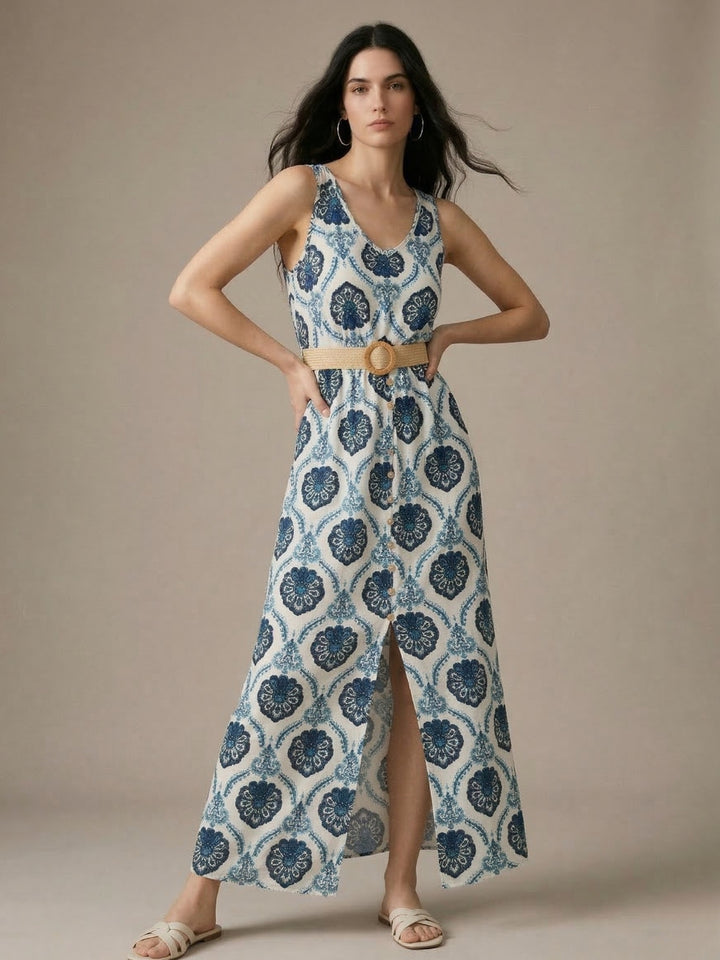 Blue Sleeveless Front Slit Dress