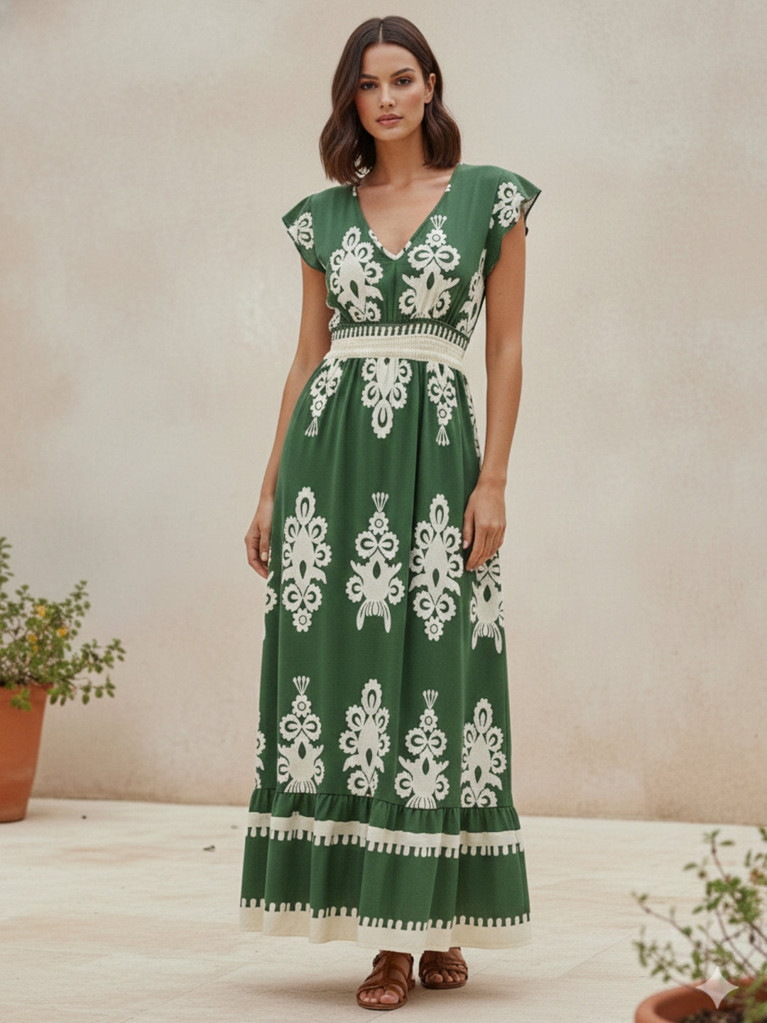 Green Short Sleeve V Neck Printed Flared Dress