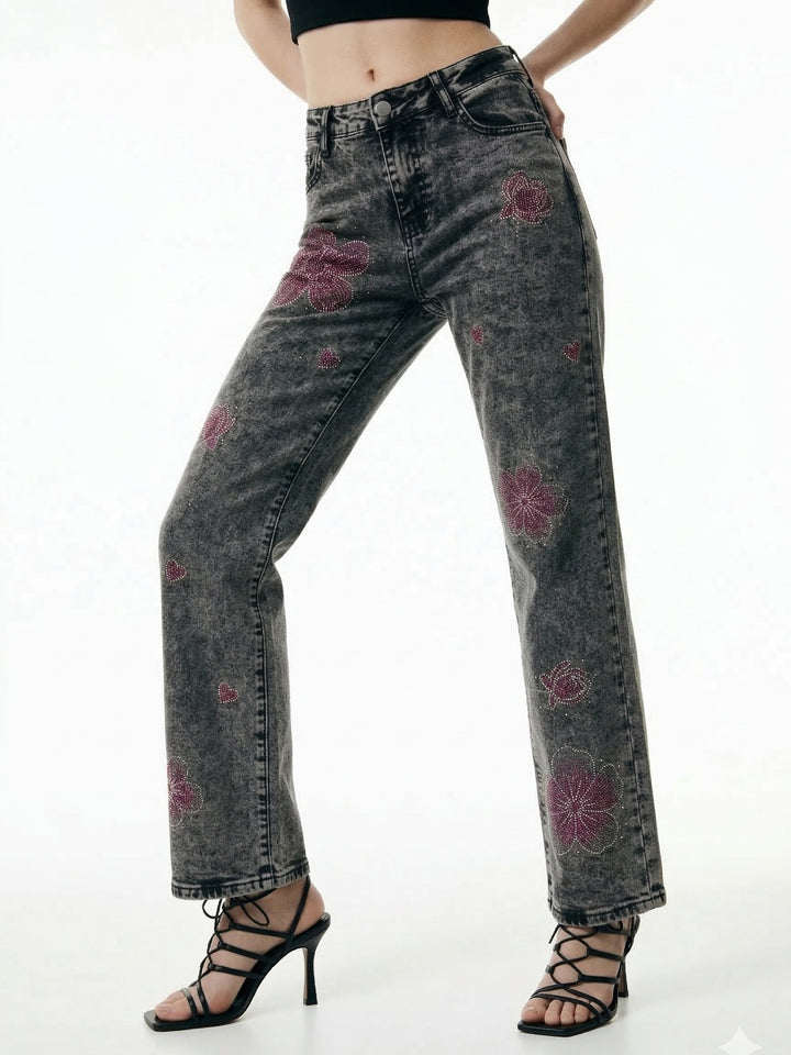 Grey Floral Studded Denim Jeans