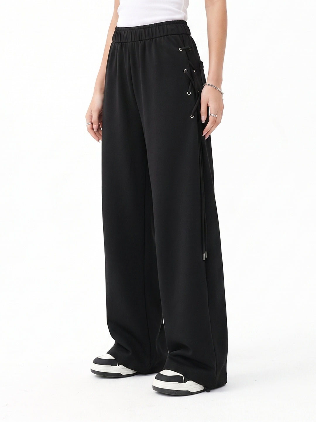 Black Side Tie-Up Wide Leg Pant