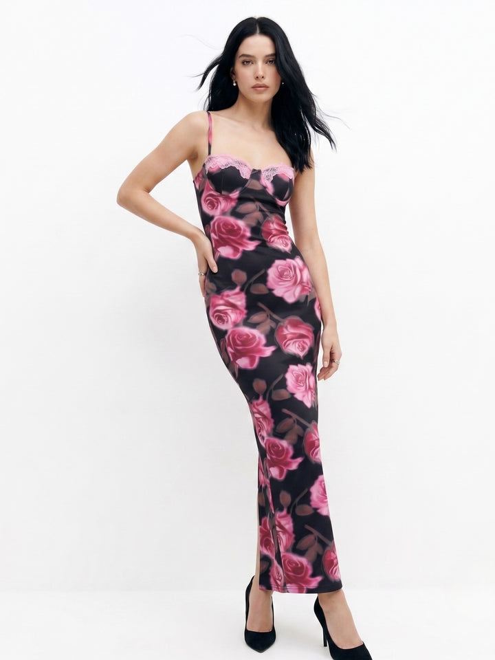 Multi Strappy Printed Dress With Lace Inserts
