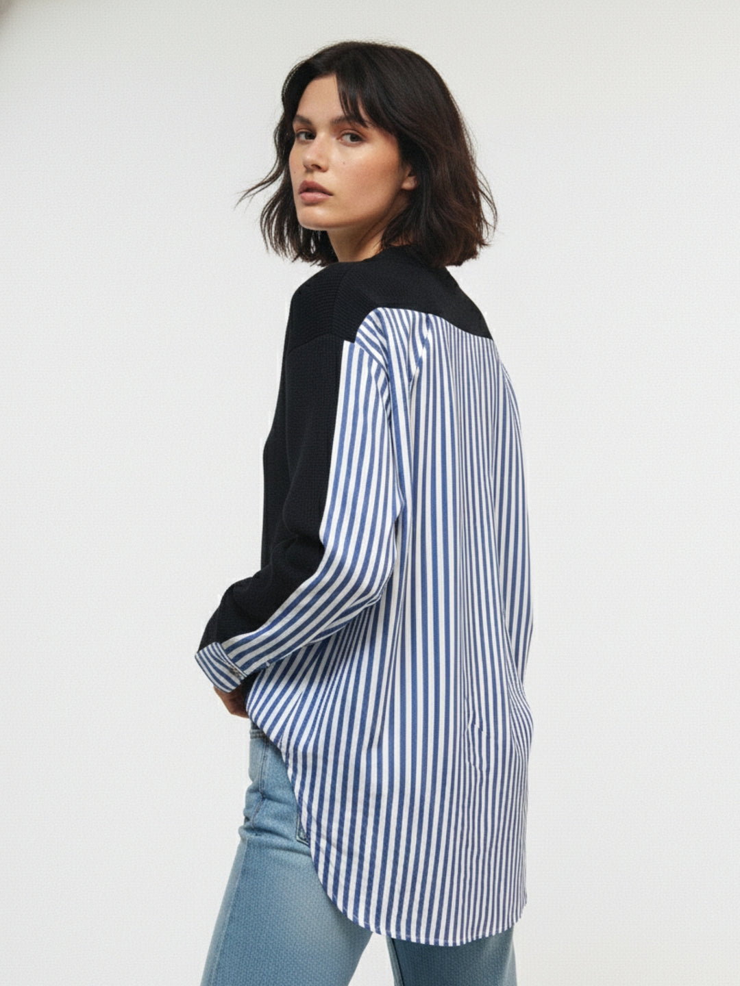 Black Front Buttoned Side Striped Panel Shirt