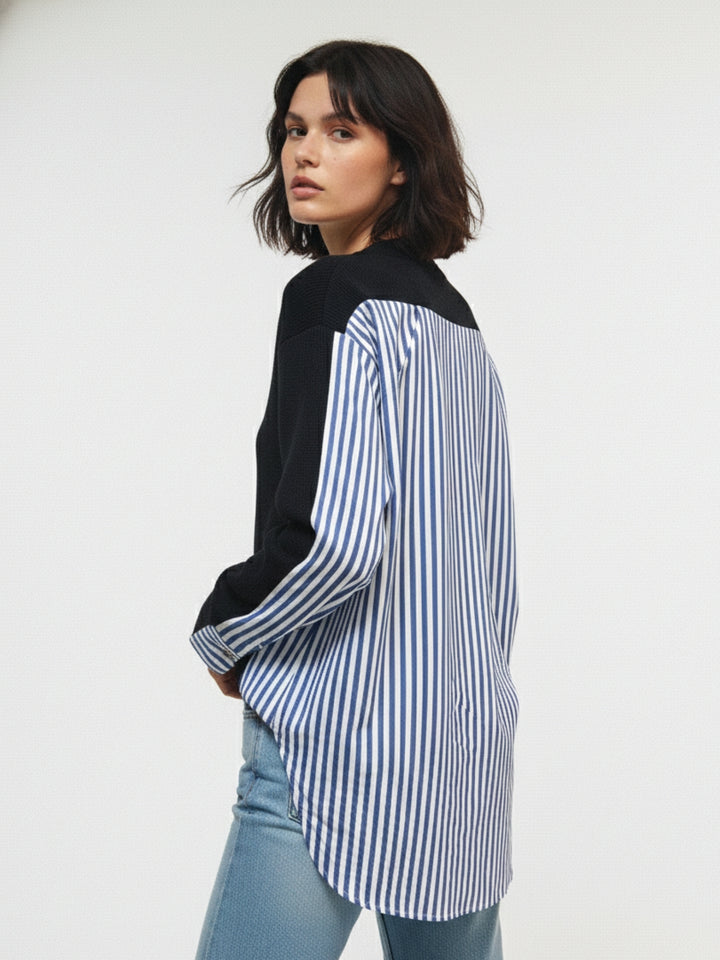 Black Front Buttoned Side Striped Panel Shirt