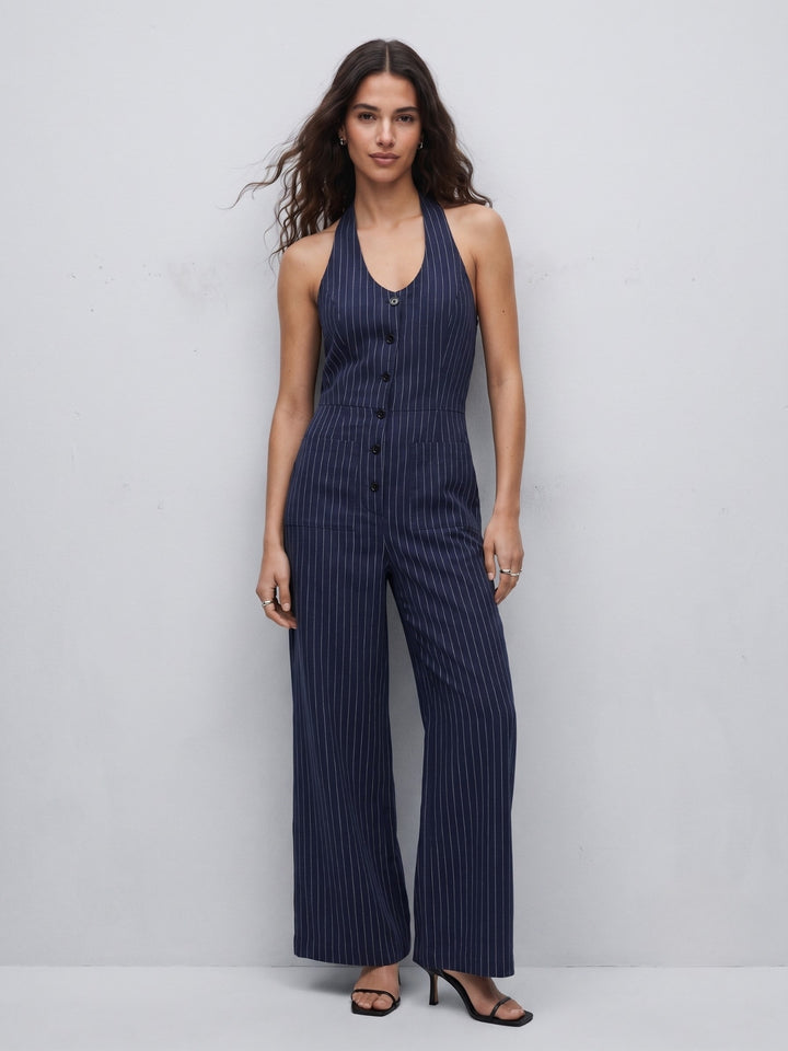 Navy blue Halter Neck Striped Jumpsuits