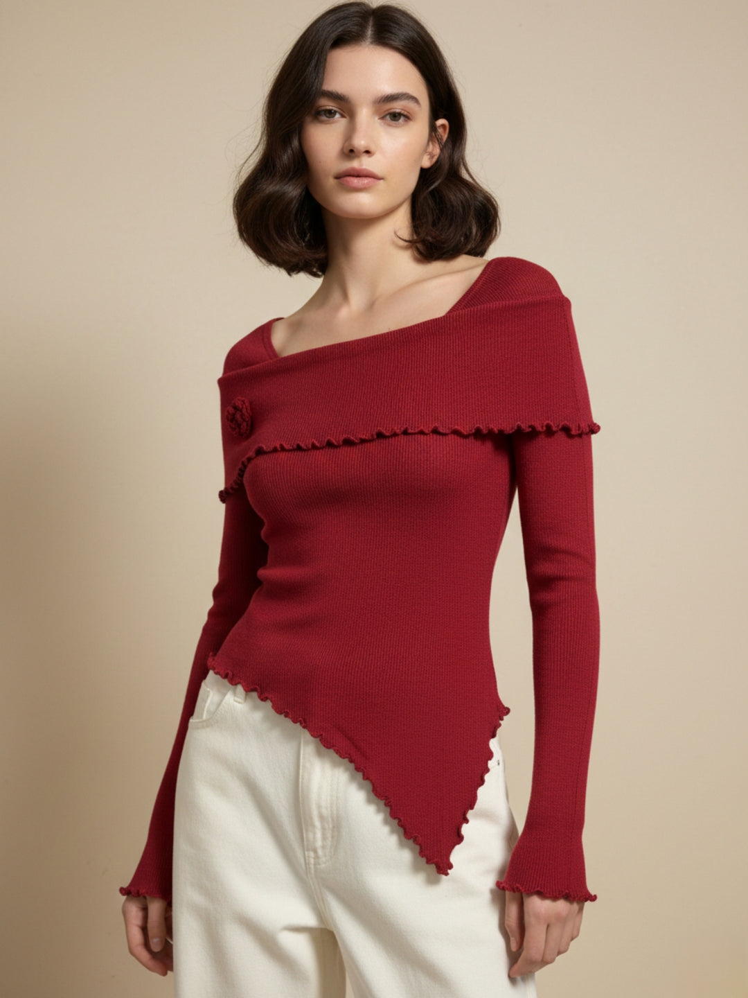 Maroon 3D Floral Full Sleeve Wrap Style Top