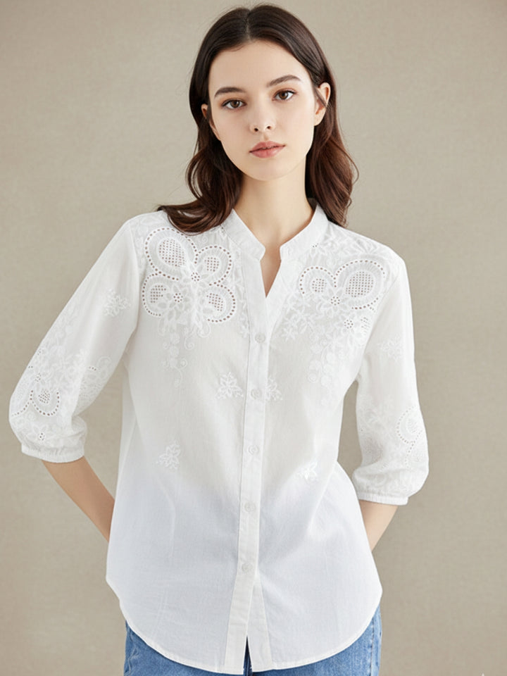 White Textutured Mandarin Collared Solid Blousson