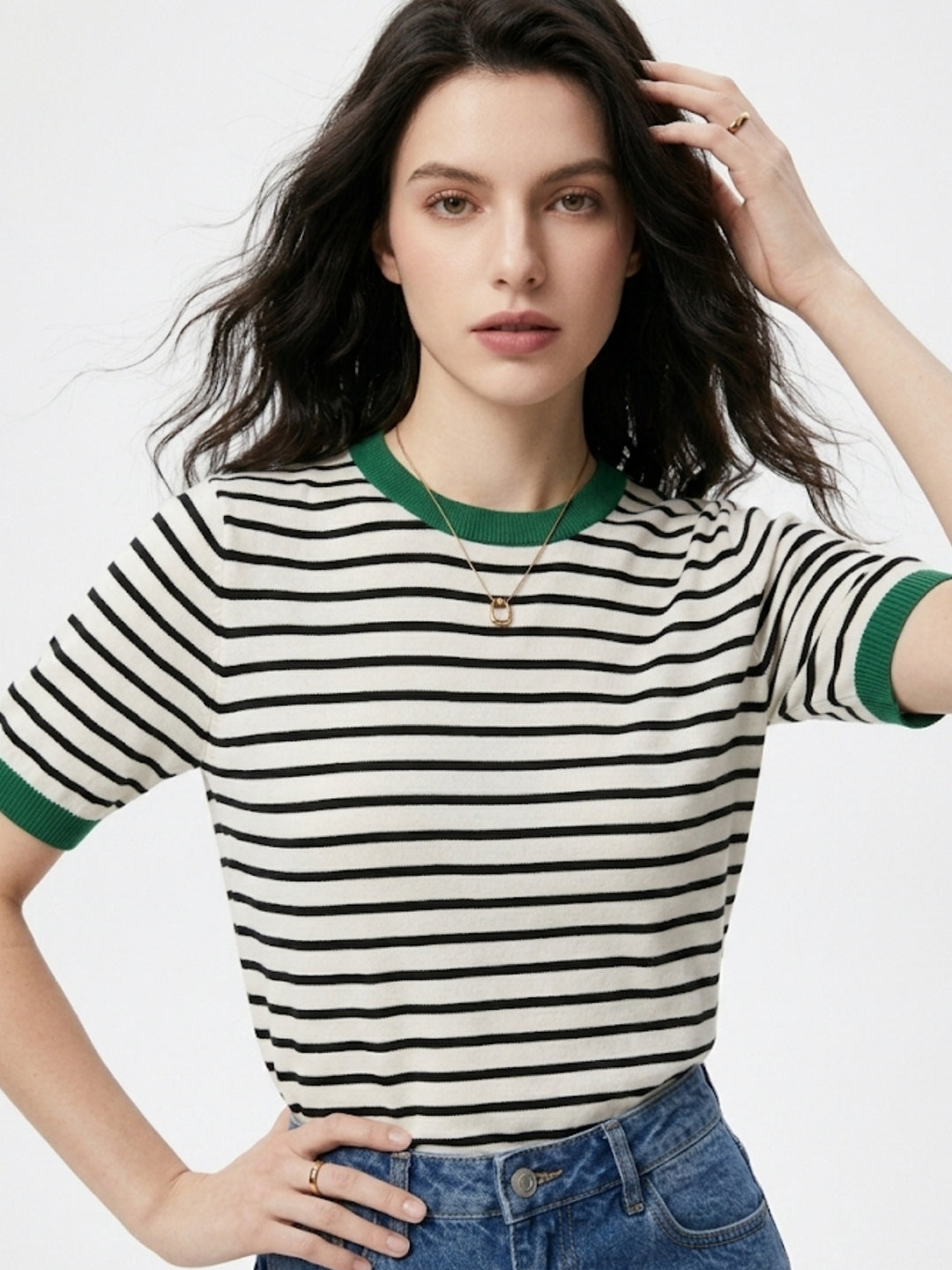 Dark Green Contrast Hem Striped Top