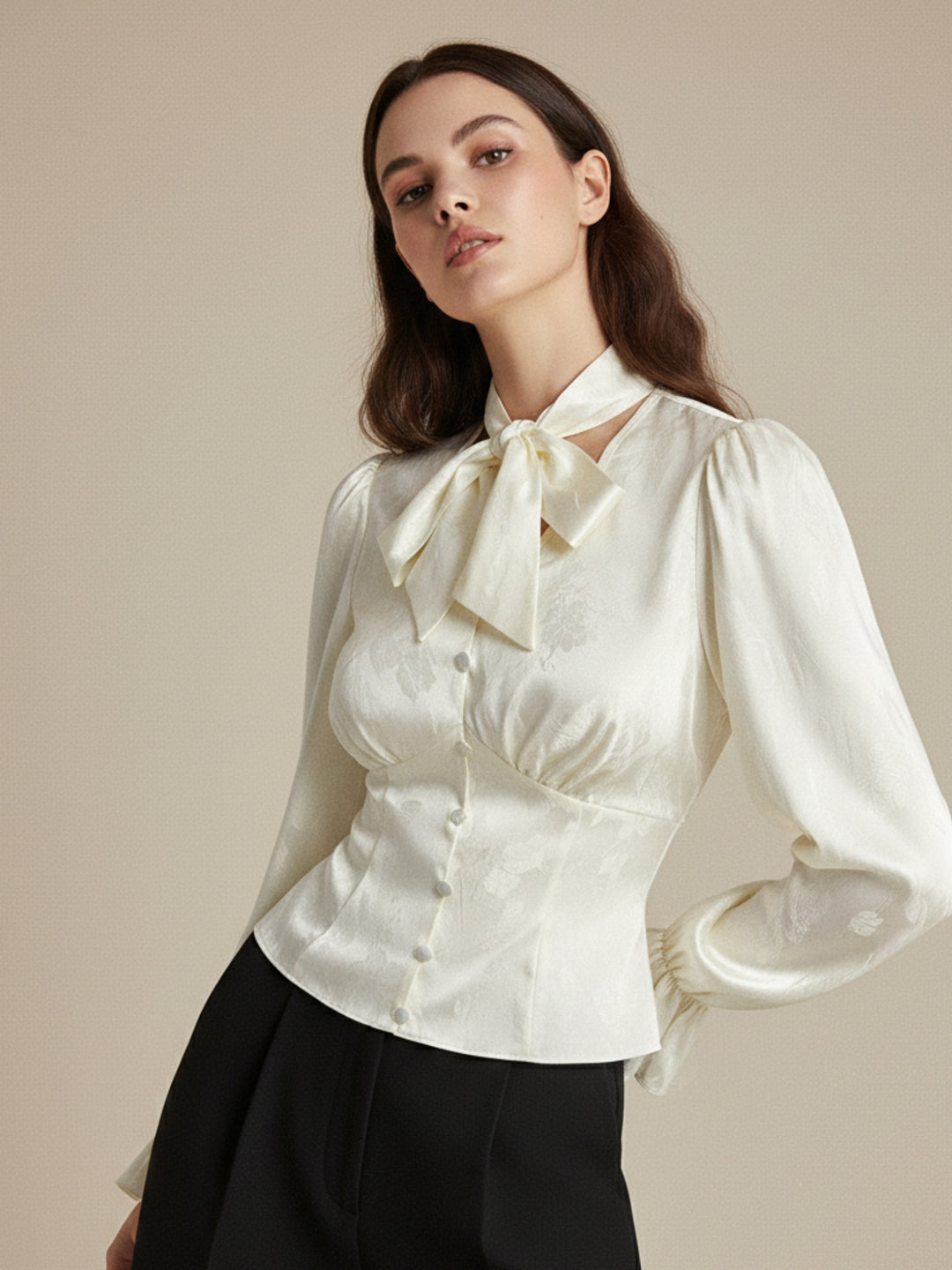 White High Neck Blouson With Cinched Waist
