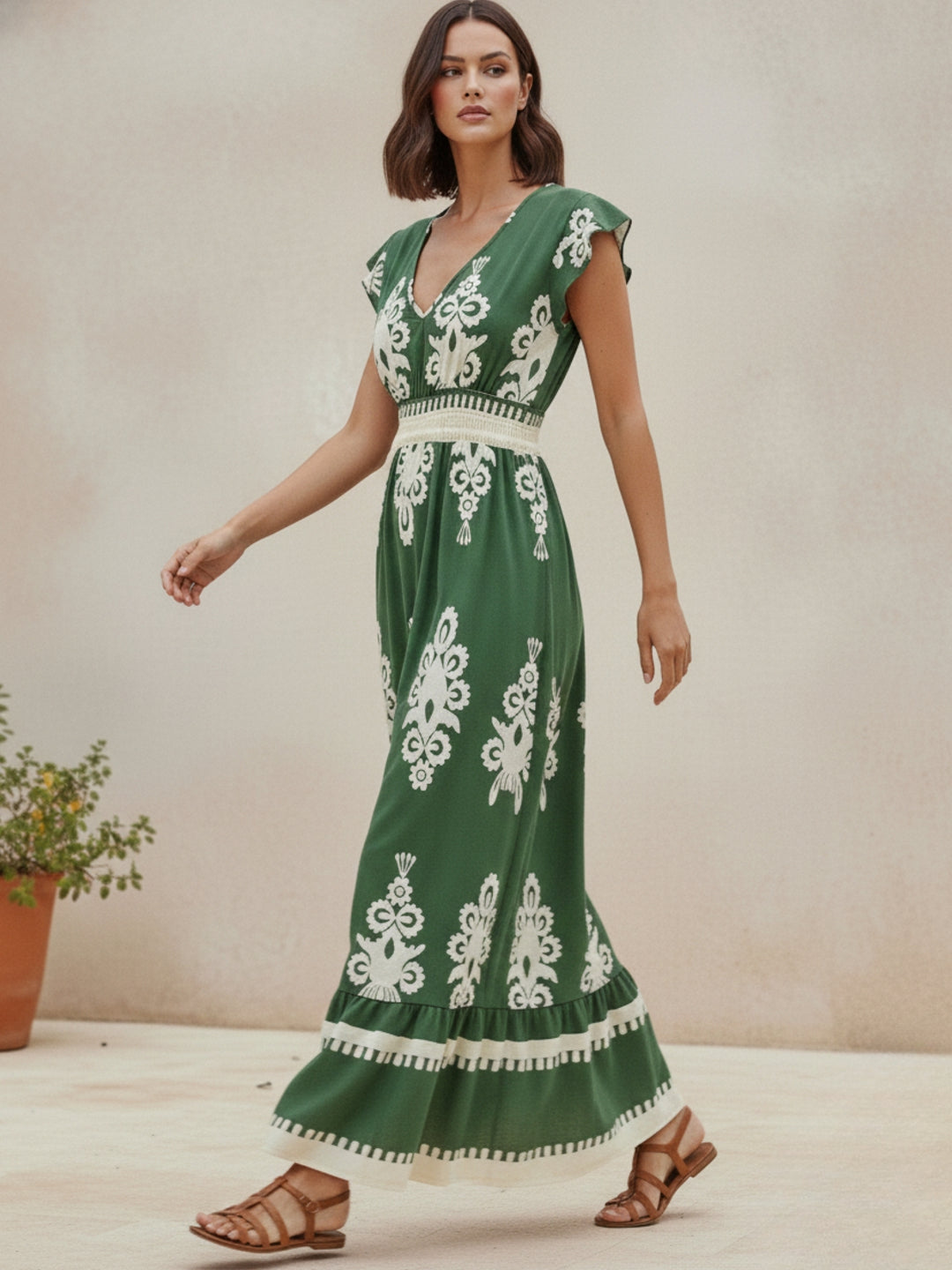 Green Short Sleeve V Neck Printed Flared Dress