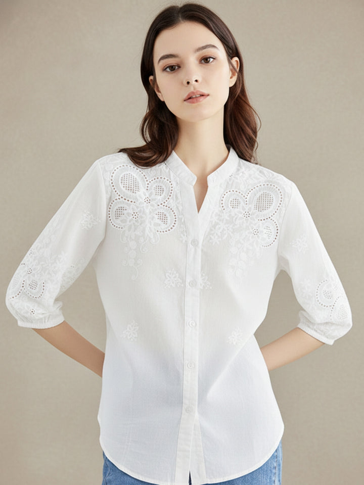 White Textutured Mandarin Collared Solid Blousson