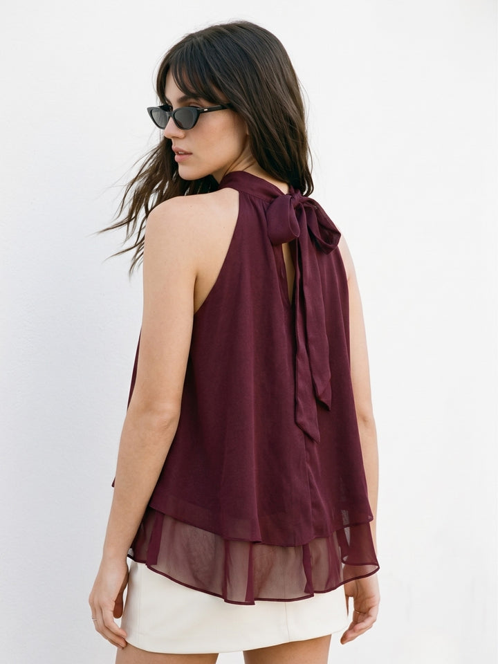 Maroon Mock Neck Back Tie-Up Tiered Top