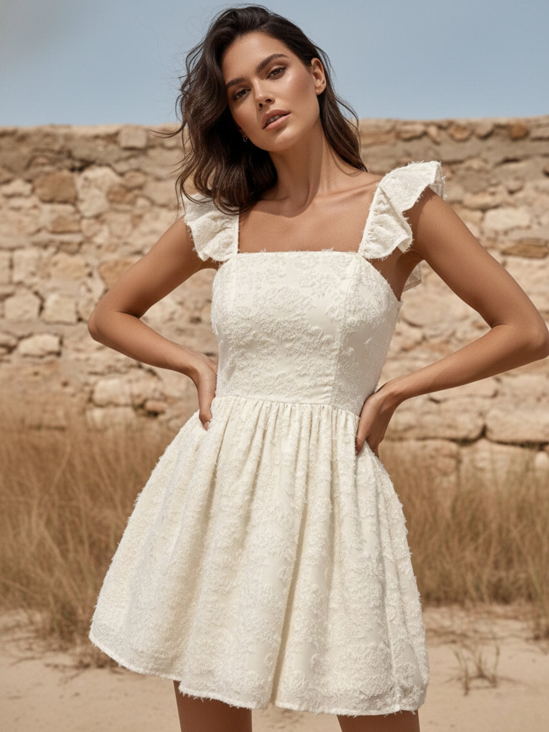 Off White Ruffle Sleeve Textured Fabric Dress