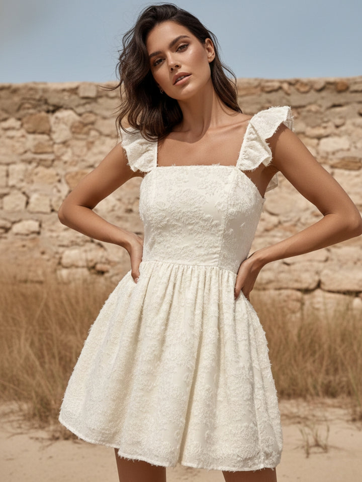 Off White Ruffle Sleeve Textured Fabric Dress