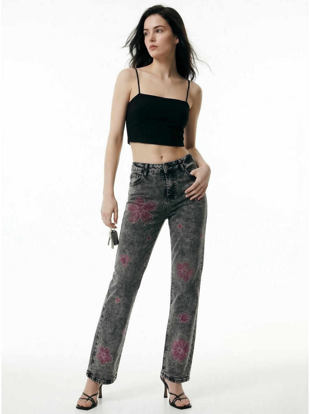 Grey Floral Studded Denim Jeans