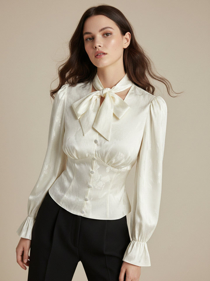 White High Neck Blouson With Cinched Waist