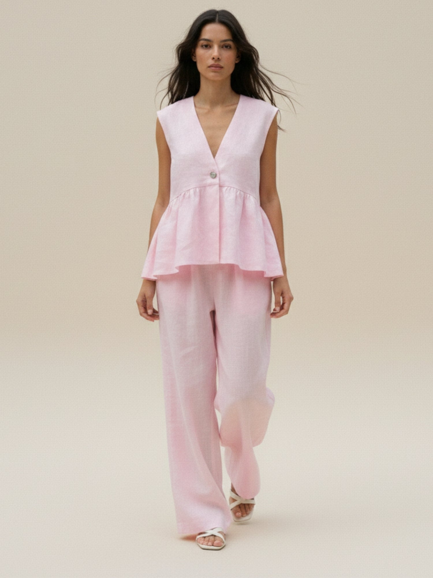 Pink Sleeveless V Neck Top And Pant Set