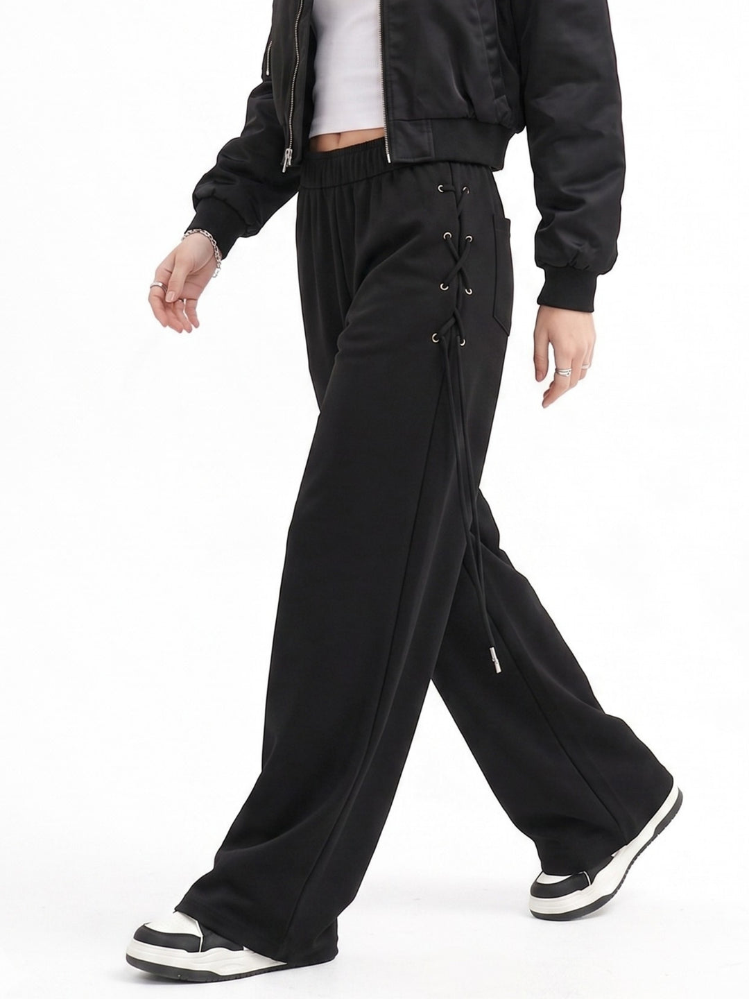 Black Side Tie-Up Wide Leg Pant