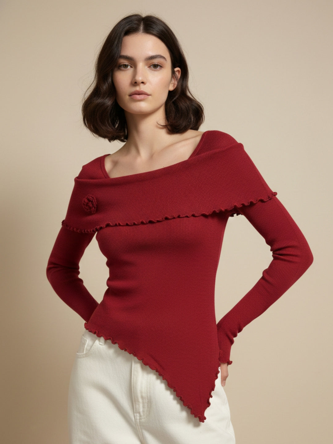 Maroon 3D Floral Full Sleeve Wrap Style Top