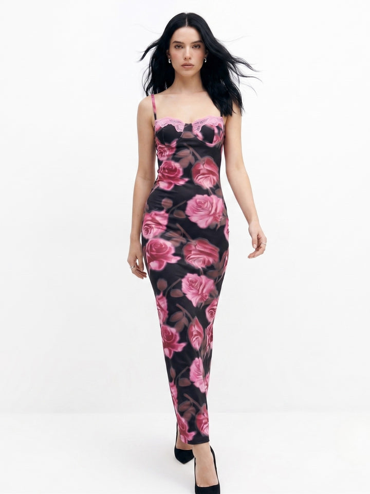Multi Strappy Printed Dress With Lace Inserts