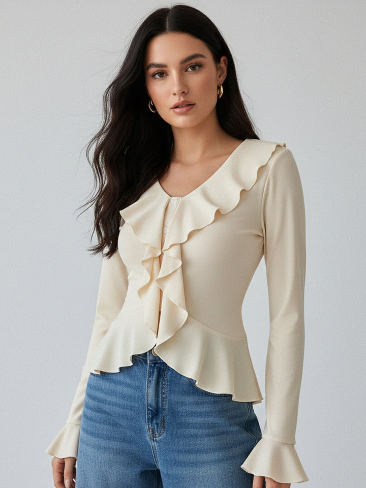 Off White Ruffle Detail Bell Sleeve Top