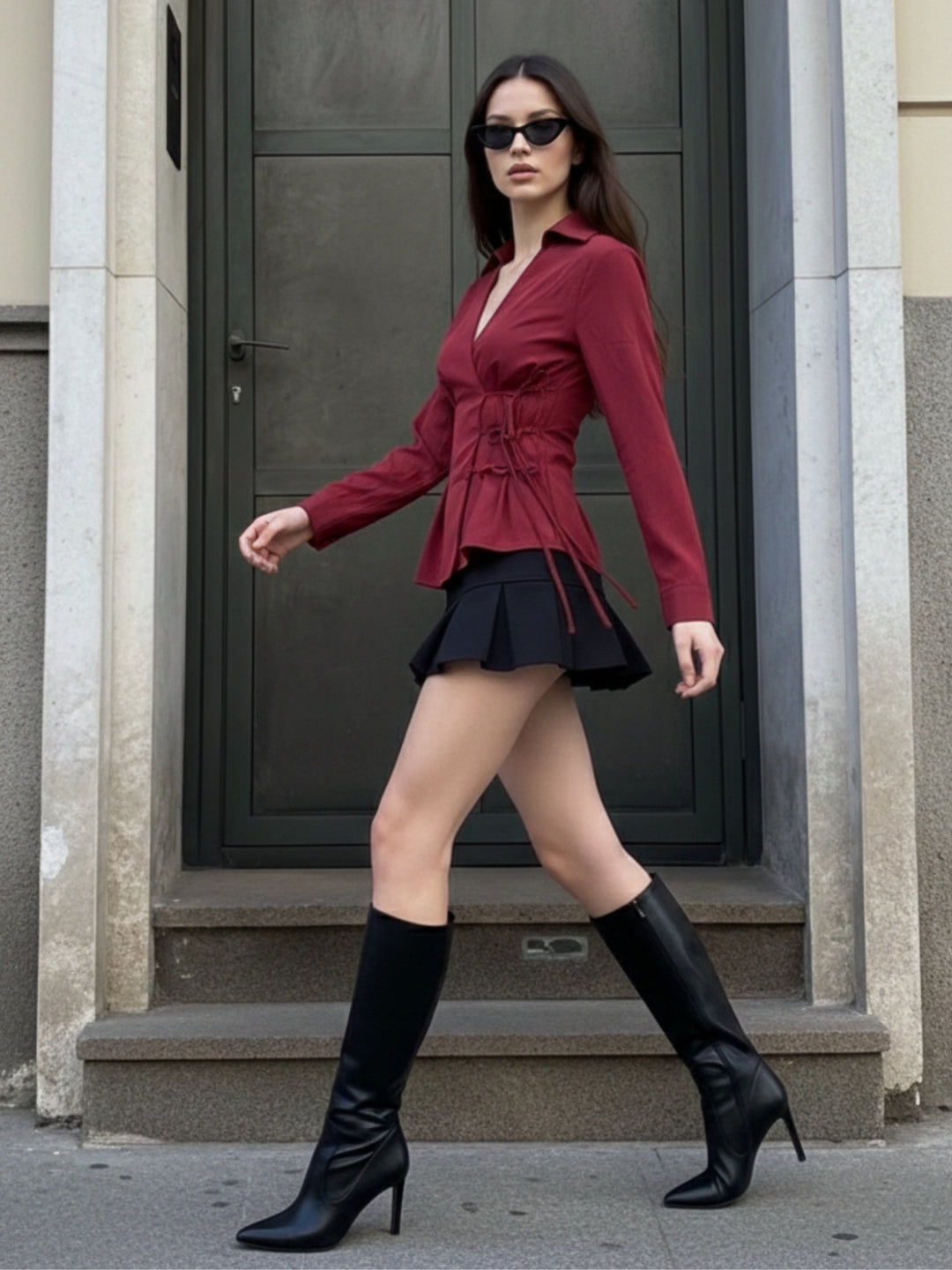 Burgundy Collared Side Tie Up Top