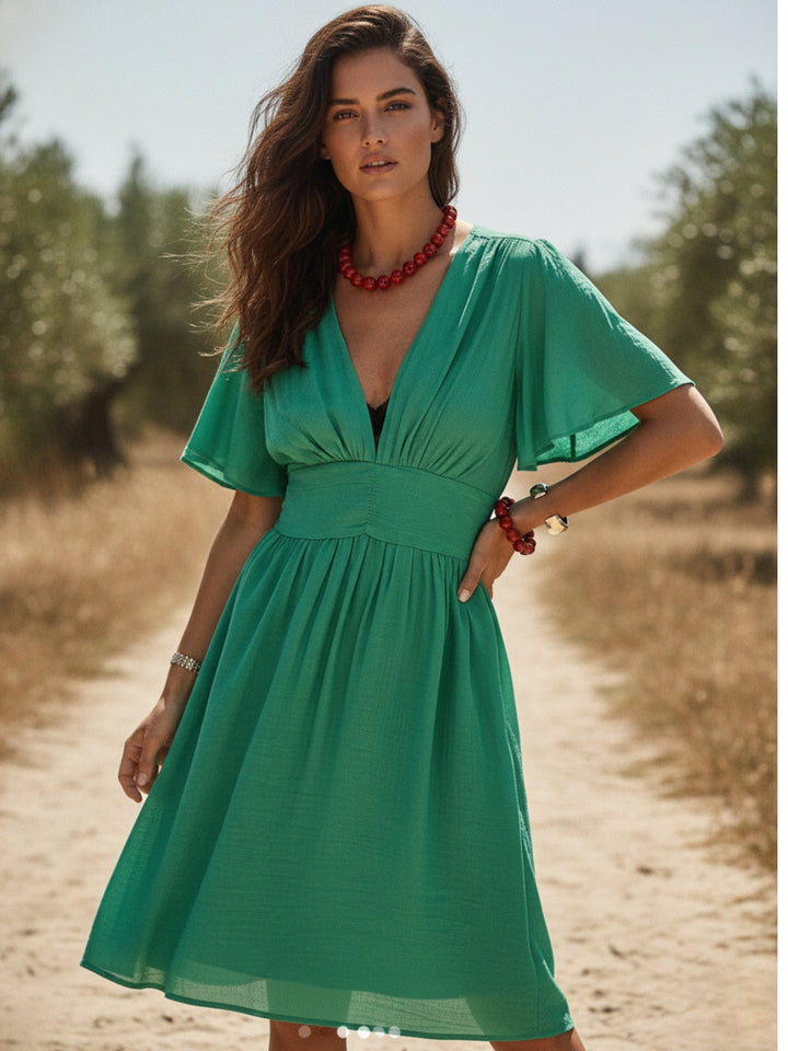 Green Flutter Sleeved Cinched Waist Dress