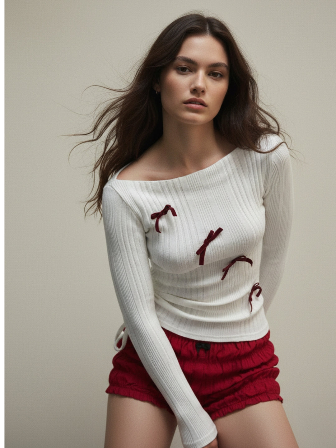 White Textured Full Sleeve Bow Detail Top