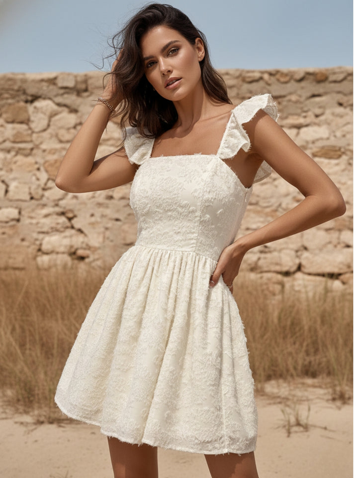 Off White Ruffle Sleeve Textured Fabric Dress