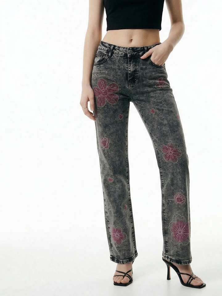 Grey Floral Studded Denim Jeans