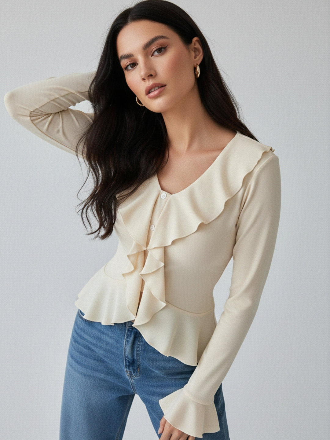 Off White Ruffle Detail Bell Sleeve Top