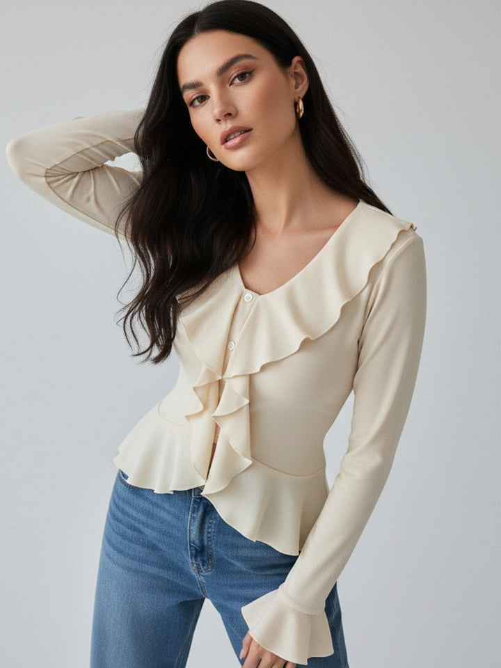 Off White Ruffle Detail Bell Sleeve Top