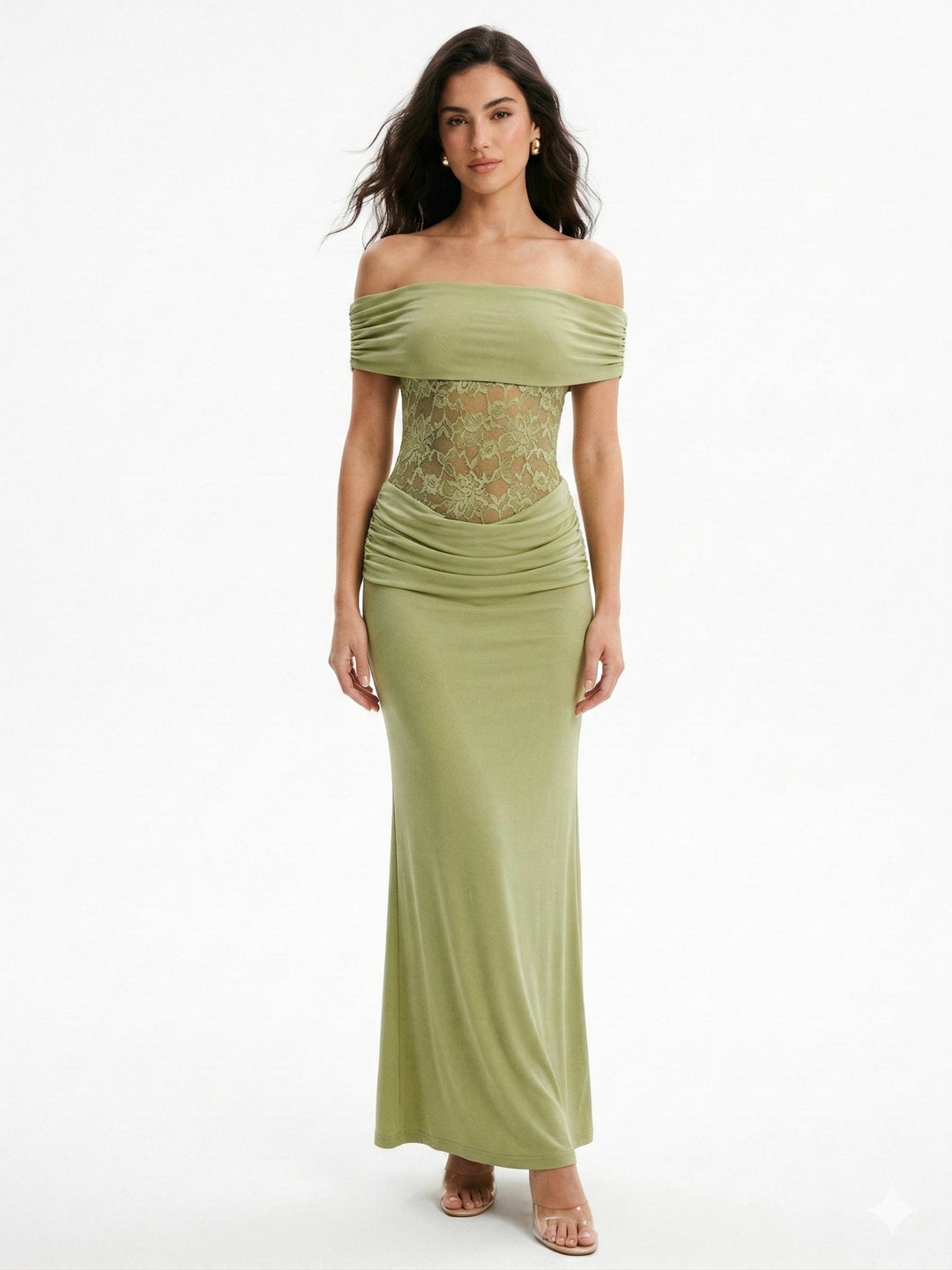 Green Off Shoulder Lace Detail Dress