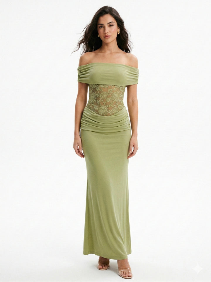 Green Off Shoulder Lace Detail Dress