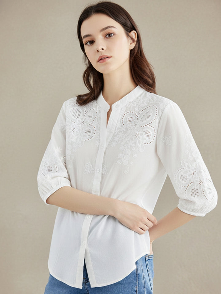 White Textutured Mandarin Collared Solid Blousson