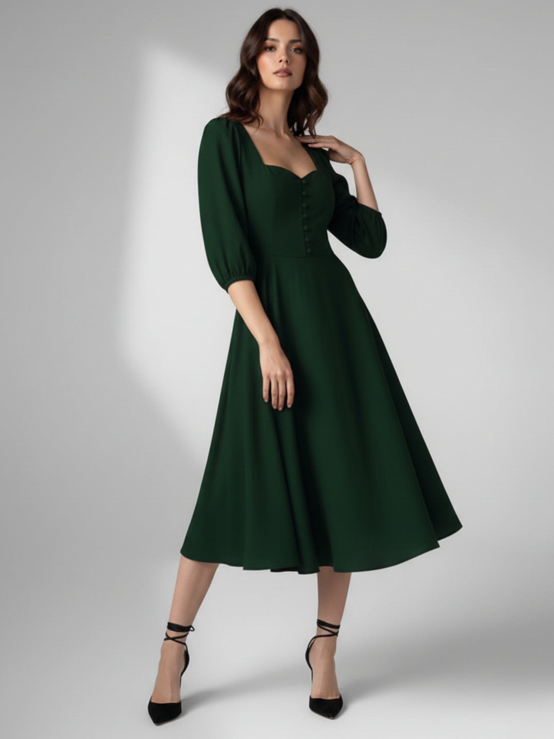 Green Bishop Sleeeve Sweetheart Neck Dress