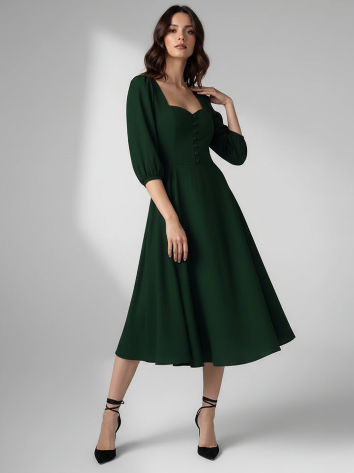 Green Bishop Sleeeve Sweetheart Neck Dress