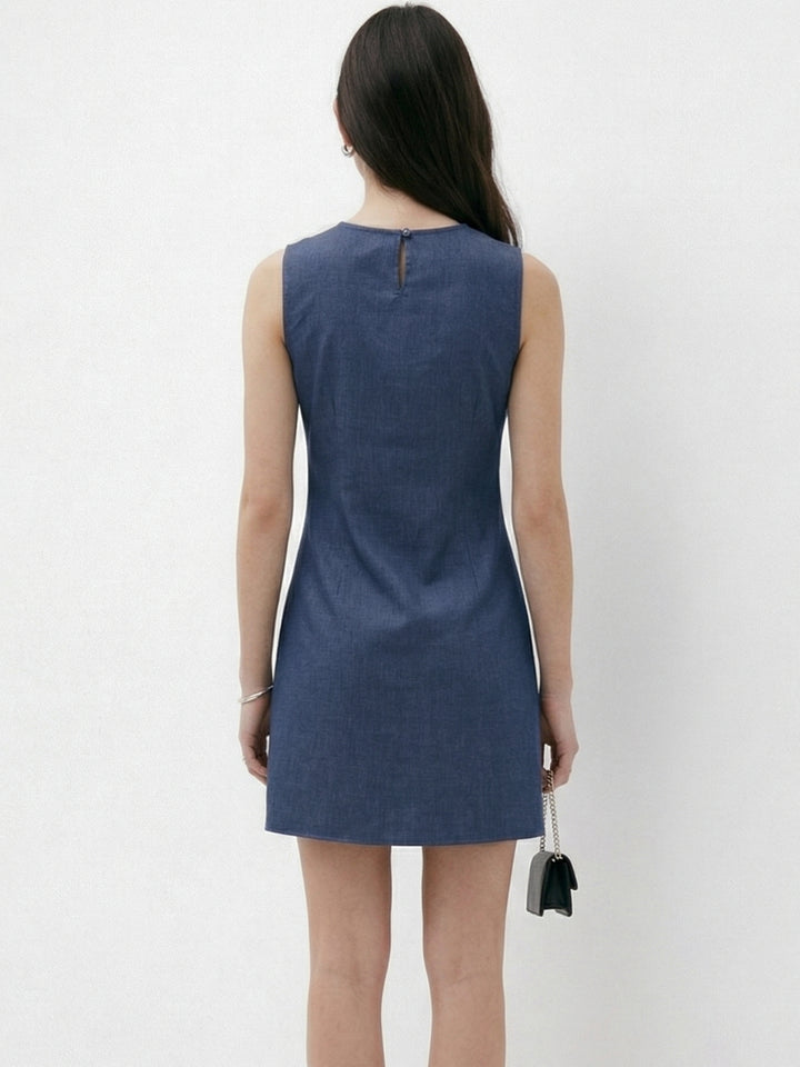 Blue Mini Sleeveless Dress With Slit And Bow Detail